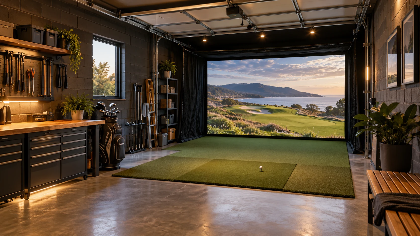 Single-car garage golf simulator inspiration