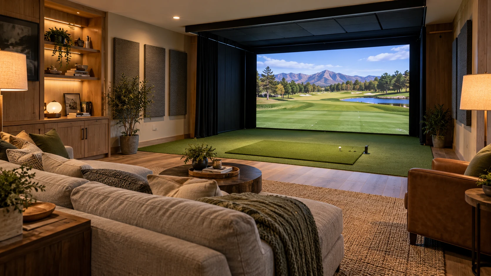 Shared family room golf simulator inspiration